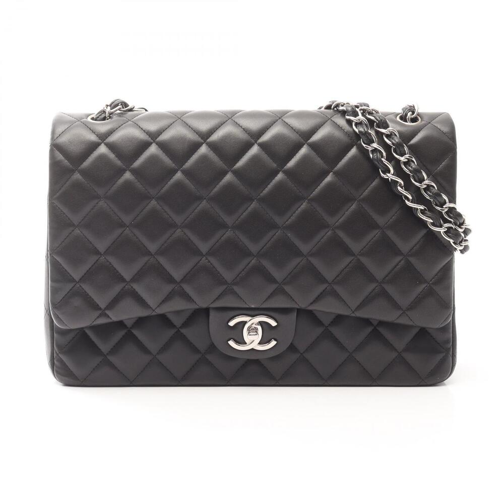 Chanel Matelasse Maxi Double Flap Shoulder Bag Lambskin Leather Black
